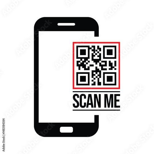 Top-down view of a centered black smartphone silhouette with QR code and bold "SCAN ME" text. Minimalist flat design in black and white, sans-serif font. Neutral, functional for scanning instructions.