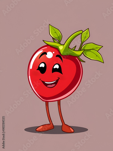 Briar fruit cartoon character depicting smiling glossy red berry with yellow perianth and prickly green stalk for healthy nutrition or herbal medicine concept design