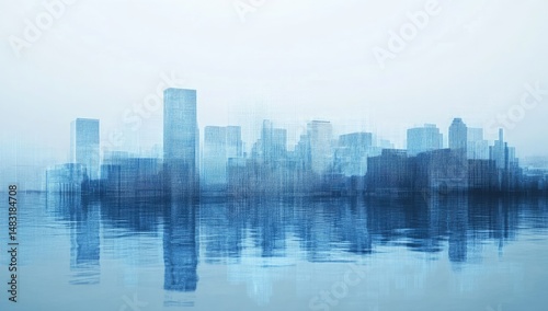 Misty cityscape reflected in water.  A serene, tranquil view of a city skyline, subtly blurred, with reflections on calm water, showcasing architectural details