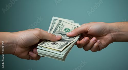 Hands Exchanging Stack of United States Dollar Bills on Teal Background Conveying Financial Transaction and Monetary Exchange