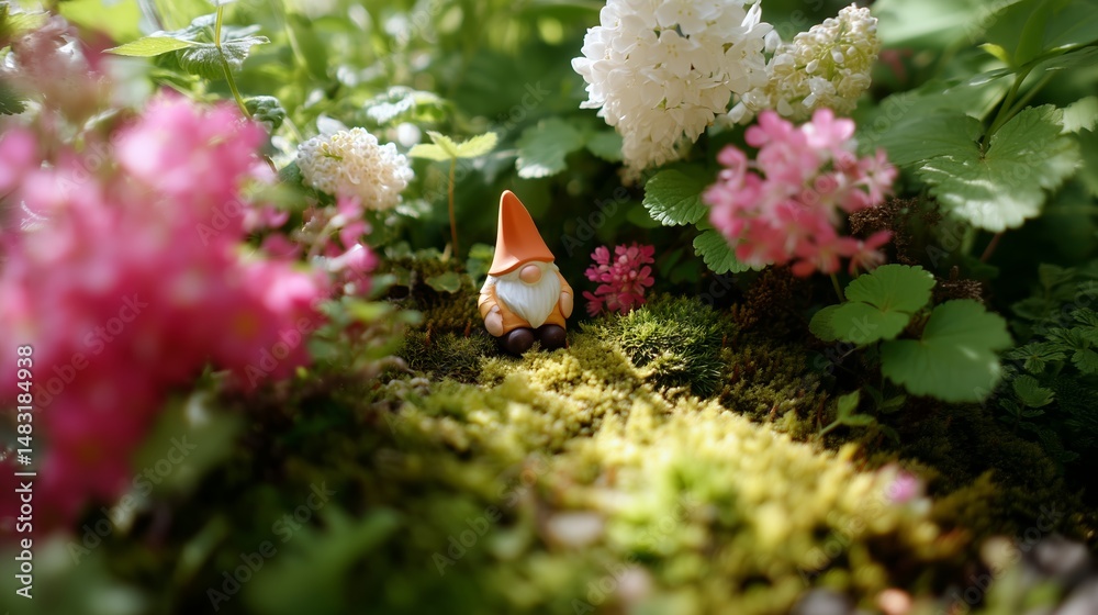 Colorful garden scene featuring a gnome nestled among vibrant flowers on a sunny day in spring