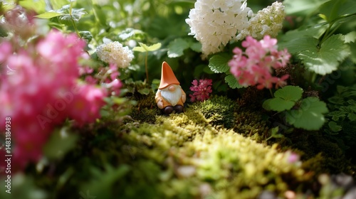 Obraz na płótnie Colorful garden scene featuring a gnome nestled among vibrant flowers on a sunny day in spring w salonie