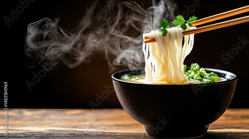 Steaming Noodles in Dark Bowl on Wooden Table