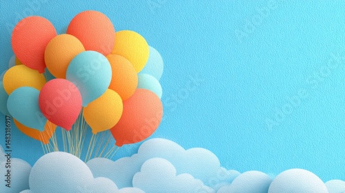 Colorful balloons floating over clouds