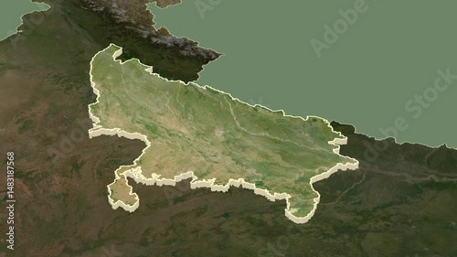 Uttar Pradesh, India, extruded. Satellite map