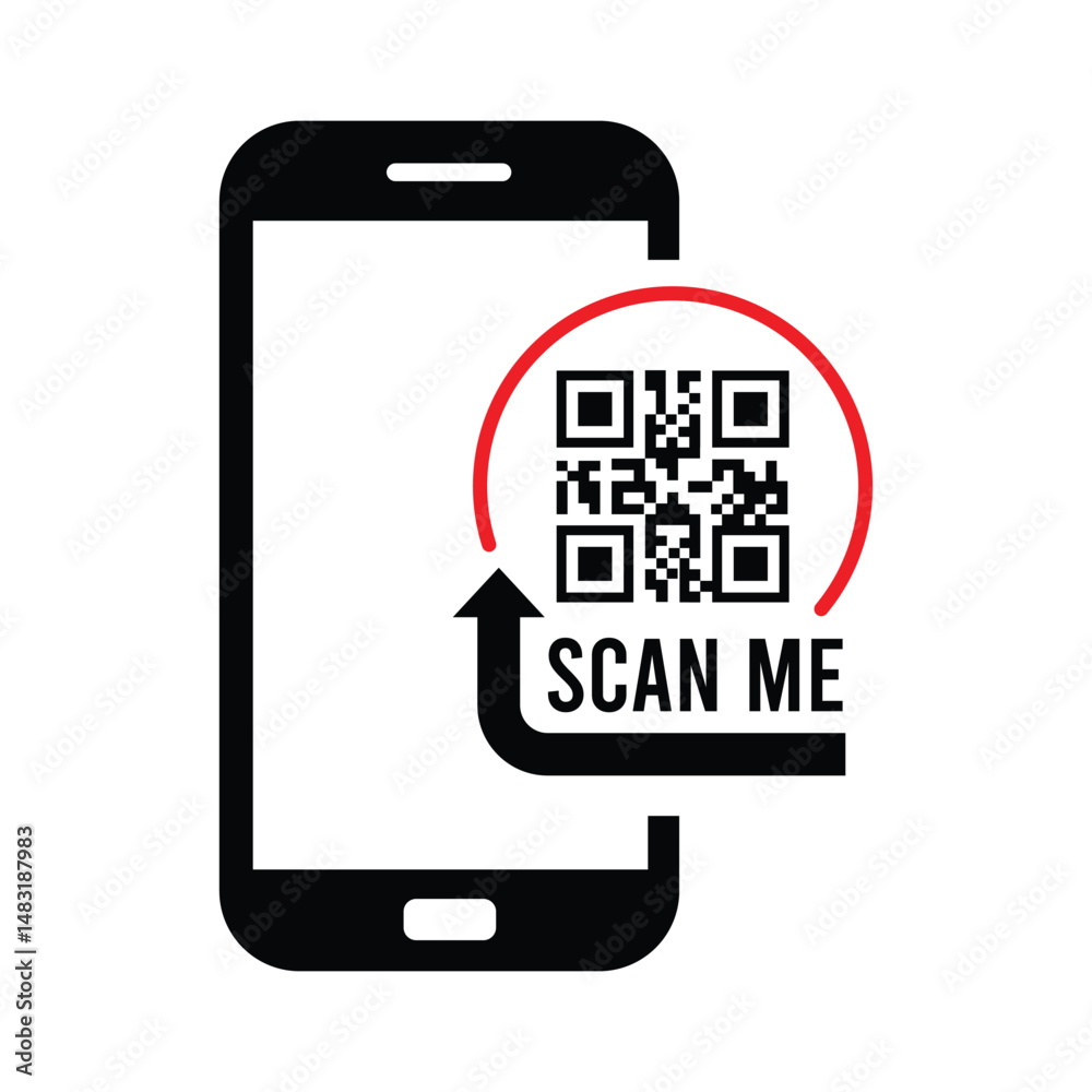 Vertical black smartphone silhouette with bold red-circled QR code on screen. Vertical black smartphone silhouette with bold red-circled QR code on screen.