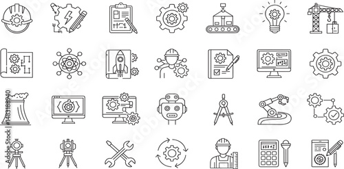 Engineering Income Line Editable Icons set. Vector illustration in modern thin line style of technologies related icons: blueprint, engineer, manufacturing, and more
