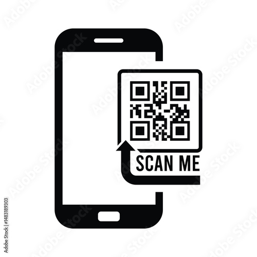 Stylized smartphone vector illustration with red-outlined QR code and 'SCAN ME' text. Black, white, and red minimalist design. Clean, modern graphic for tech, marketing themes.
