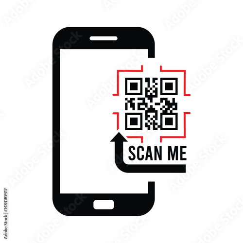 Stylized smartphone vector illustration with red-outlined QR code and 'SCAN ME' text. Black, white, and red minimalist design. Clean, modern graphic for tech, marketing themes.