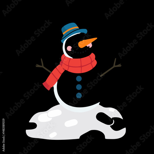 Smiling Snowman: A charming snowman with a jaunty hat and red scarf beams cheerfully against a black background. He wears a  friendly expression, with rosy cheeks and button eyes.