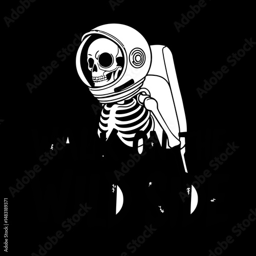 Astronaut Skeleton Silhouette: An astronaut skeleton in a spacesuit, depicted in striking monochrome against a black backdrop, symbolizing the unknown mysteries of space.