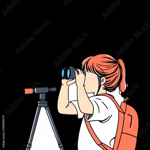 Girl with Binoculars and Tripod: A young girl, depicted in a vibrant illustration style, uses binoculars mounted on a tripod, suggesting exploration or observation.