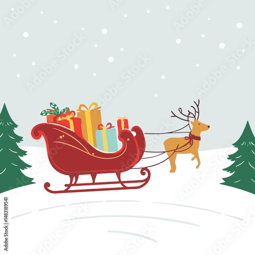 Christmas Reindeer Sleigh Illustration: A cheerful Christmas illustration featuring a reindeer pulling a red sleigh full of gifts, with a snowy landscape and Christmas trees.