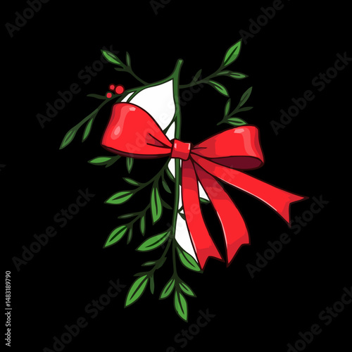 Mistletoe with Red Bow: A festive sprig of mistletoe adorned with a vibrant red bow, symbolizing the joy and cheer of the holiday season, isolated against a black background.