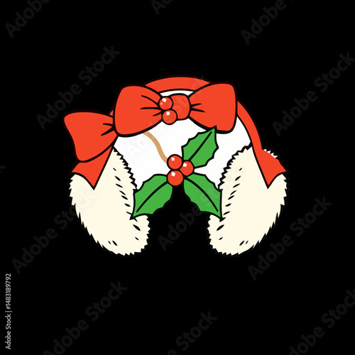 Holiday Ornament: A festive earmuff adorns the ears, featuring a vibrant red bow and delicate holly sprigs, bringing holiday cheer.