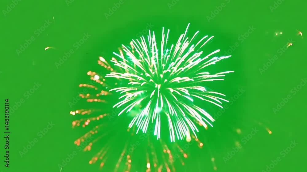 Fireworks Display: Capturing the vibrant energy and beauty of a fireworks display, this captivating image showcases a burst of white and gold fireworks against a dark green night sky.