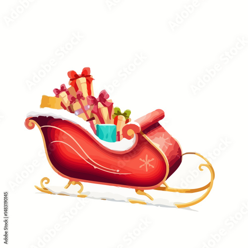 Festive Sleigh Ride: A vibrant red sleigh, brimming with beautifully wrapped presents, ready to deliver joy and anticipation for the holiday season.