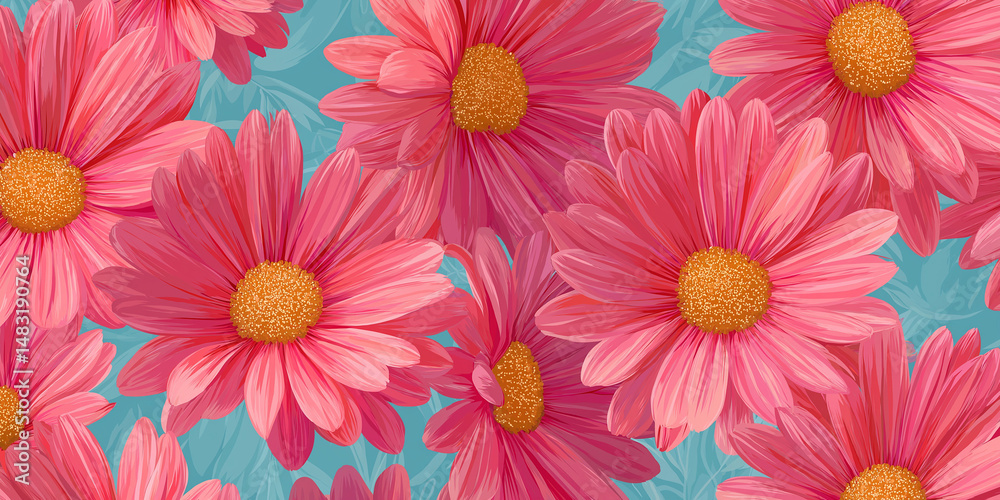 Coral pink floral pattern on teal background in vibrant design
Coral pink floral pattern on teal background in vibrant design