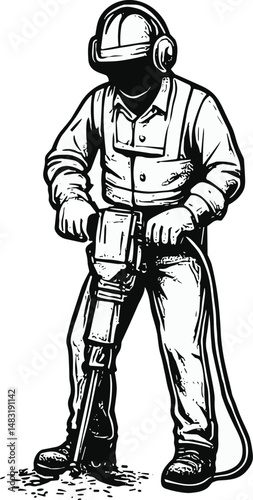 Black-and-white line drawing of a person wearing protective gear and helmet, operating a ground-penetrating radar device, symbolizing safety, technology, and subsurface exploration