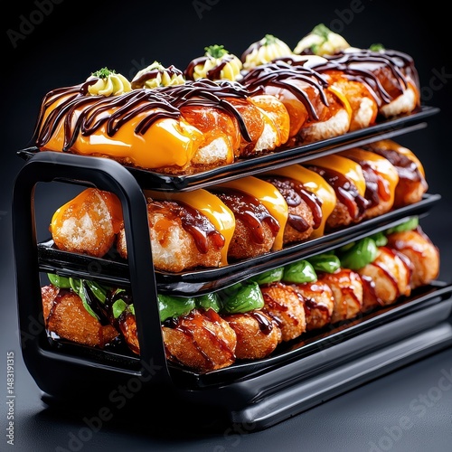 Three Tiered Appetizer Platter with Cheese, Chocolate, and Green Sauces