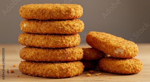 Crispy Breaded Chicken Patties Stack - A stack of golden-brown, crispy breaded chicken patties on a wooden surface. Delicious and ready to eat