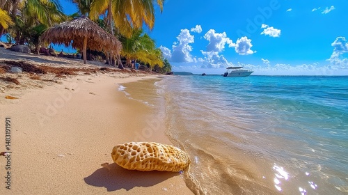 Tranquil Beach Scene Turquoise Water, Sandy Shore, and Palm Trees