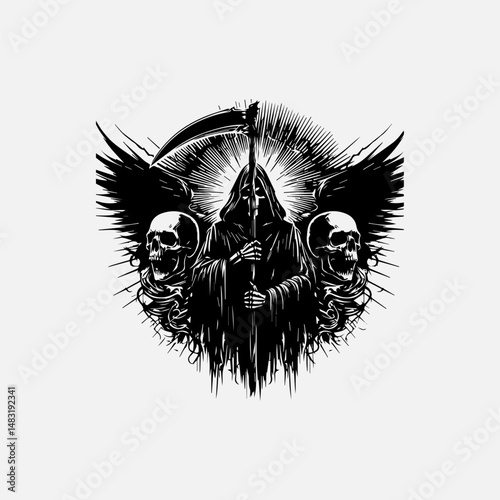 Central ominous Grim Reaper figure holding intricate scythe vector logo flanked by two terrifying human skull designs