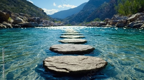 Tranquil Stepping Stones Leading to Mountains in Sunny Day