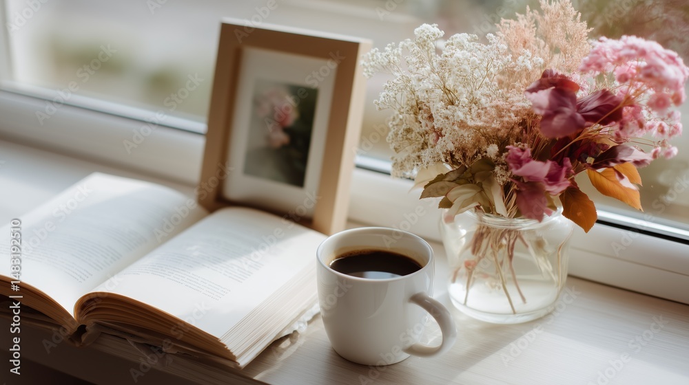 Cozy indoor setting with coffee, book, and flowers beside a window during a sunny afternoon