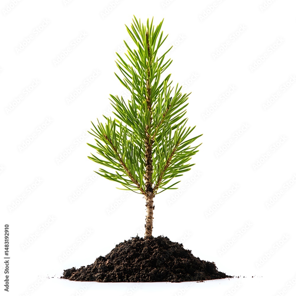 Freshly planted pine tree sapling in fertile soil base isolated on white background eco theme picture Freshly planted pine tree sapling in fertile soil base isolated on white background eco theme picture