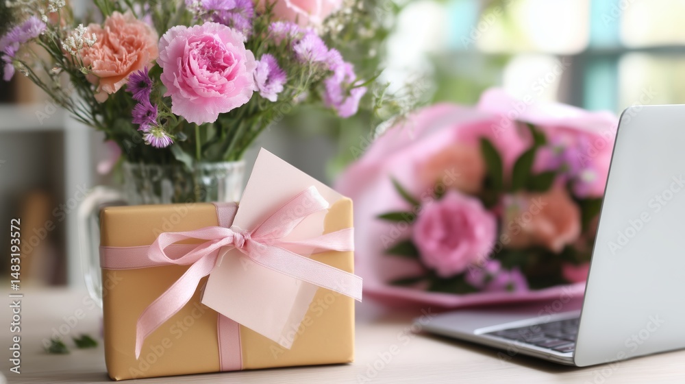 Gift with pink ribbon and blooming flowers next to a laptop in a bright room setting during the day