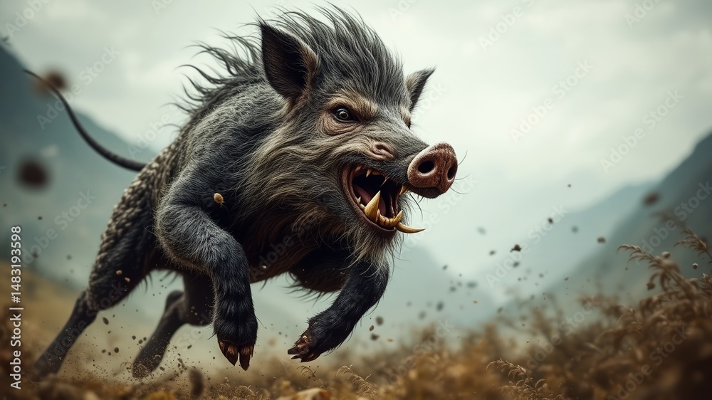 Naklejka premium Aggressive Boar Charging, Fangs Exposed