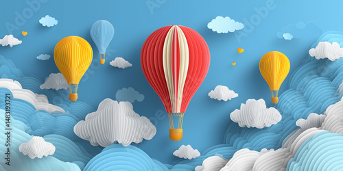 Colorful hot air balloons in dreamy blue paper cut sky
