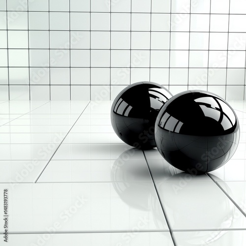 Two Glossy Black Spheres on White Tiled Floor and Wall
