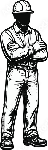 Black-and-white illustration of a construction worker wearing a hard hat and long-sleeve shirt, arms crossed, symbolizing professionalism, safety, and industrial labor in construction or engineering s