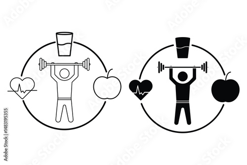 Lifestyle icon set representing healthy habits fitness nutrition hydration and wellness in minimal vector illustration for modern health awareness design.