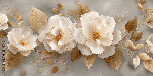 Soft 3d rose bouquet with beige tones and golden foliage
