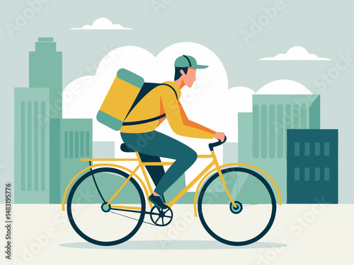 Delivery man riding bicycle through city streets