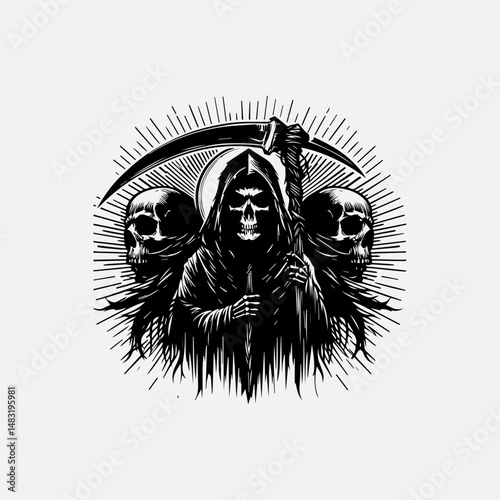 Central menacing Grim Reaper figure clutching a detailed scythe vector logo, symmetrically positioned between two frightening human skull illustrations. Dark fantasy concept