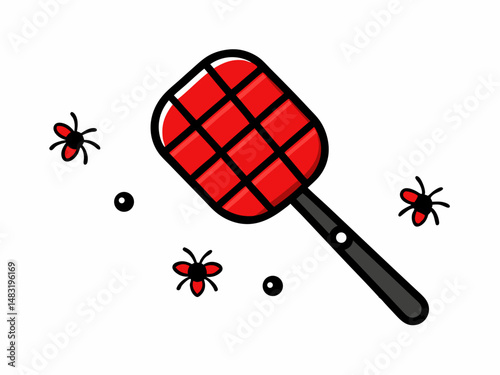 Red and Black Fly Swatter with Insects Illustration