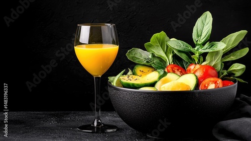 Vibrant Fruit Salad with Spinach and Orange Juice on Dark Background