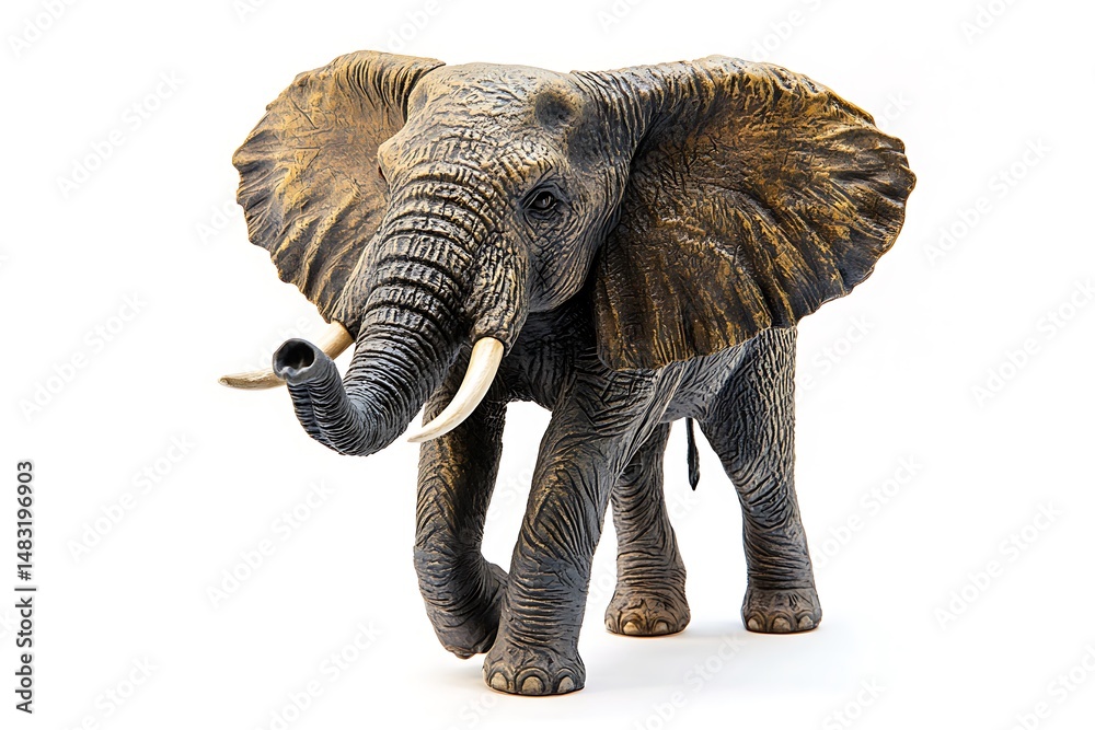 Fototapeta premium A detailed elephant figurine standing on a white background with its trunk raised slightly up