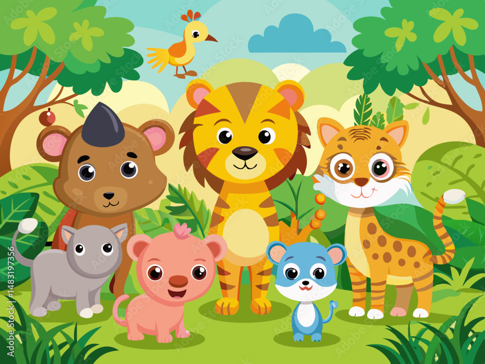 Naklejka premium Adorable Cartoon Animals in a Lush Green Jungle Setting