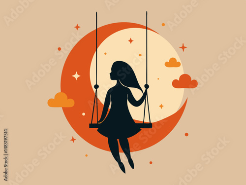 Silhouette of a Girl Swinging on a Crescent Moon at Night