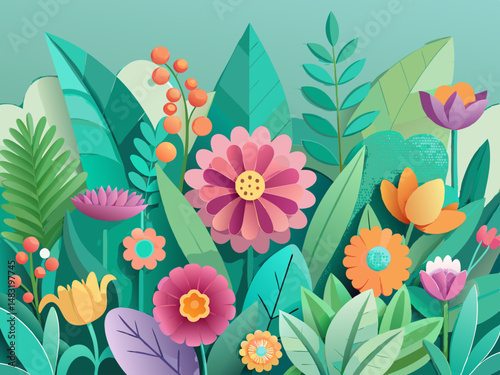 Vibrant Paper Cut Flowers and Lush Green Leaves Background