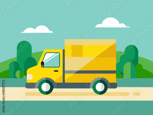 Yellow Delivery Truck Driving on a Country Road