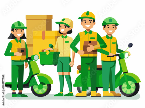 Happy Delivery Team with Packages and Scooter