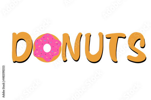 Vector illustration with the word "Donuts" in playful lettering, surrounded by colorful donut decorations