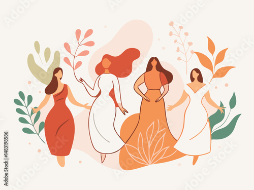 Four Women in Elegant Dresses Surrounded by Abstract Floral Elements