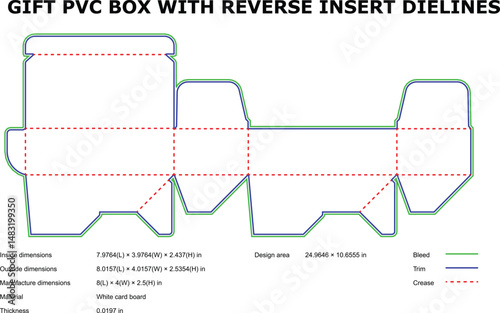 Detailed vector illustration of a gift box die line layout with dimensions and guides